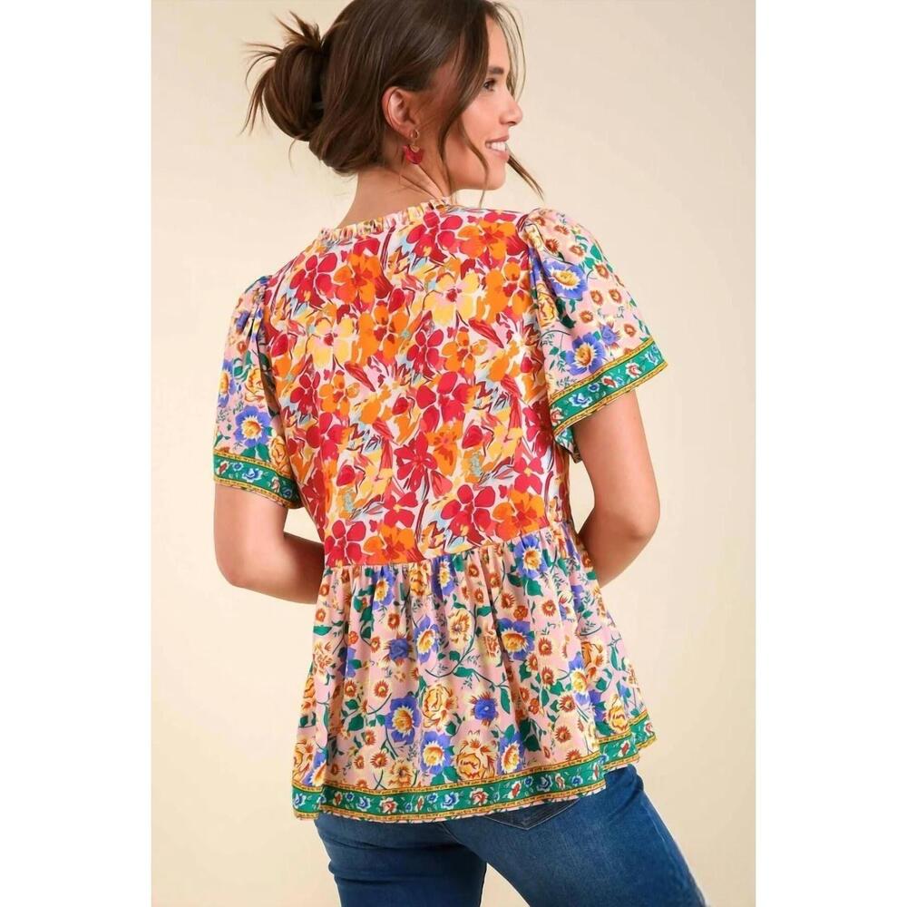NEW UMGEE mixed floral print bohemian top in pink - Picture 3 of 6